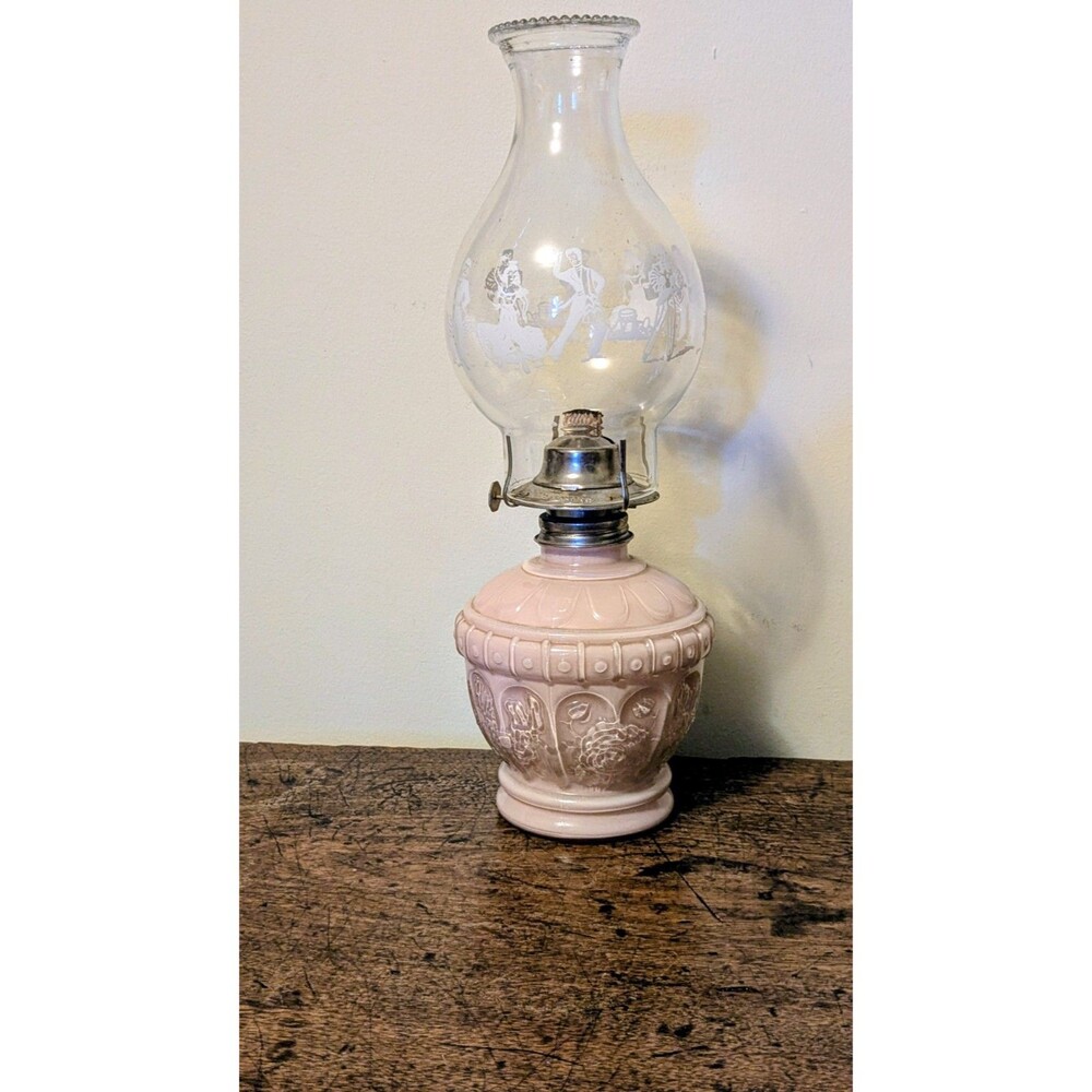 Vintage Kaadan Ltd Pink Embossed Glass Oil Lamp Kerosene Lamp w Clear Chimney